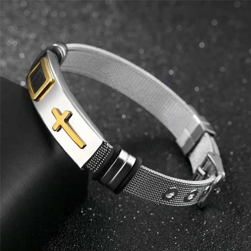 Men's Adjustable Bracelet 3D Cross Stainless Steel Mesh Chain Bracelet/Bangle