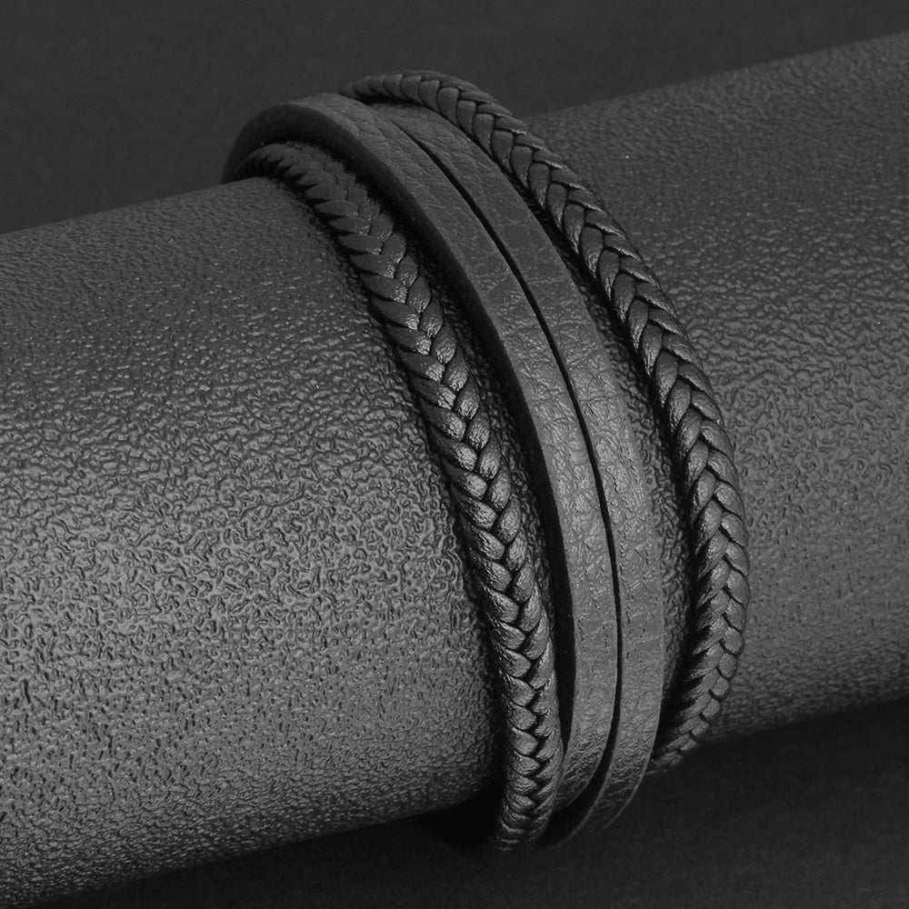 Men's Stainless Steel & Braided Genuine Leather Bracelets - Magnetic Clasp