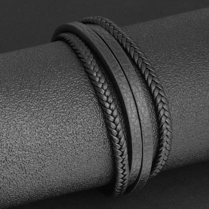 Men's Stainless Steel & Braided Genuine Leather Bracelets - Magnetic Clasp