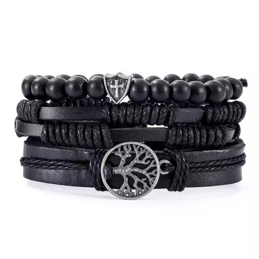 Set Of Four Lucky Tree Braided Leather Bracelets