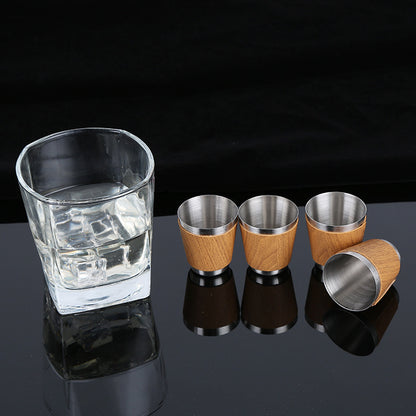 Stainless steel wood grain hip flask set