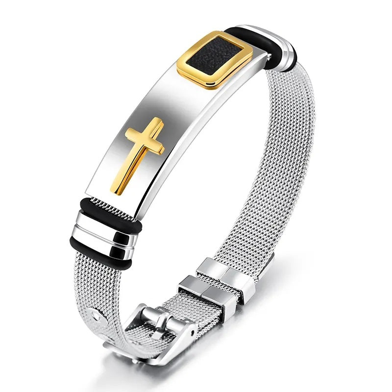 Men's Adjustable Bracelet 3D Cross Stainless Steel Mesh Chain Bracelet/Bangle