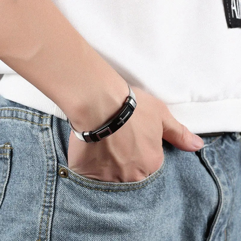 Men's Adjustable Bracelet 3D Cross Stainless Steel Mesh Chain Bracelet/Bangle