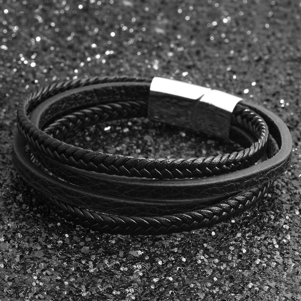 Men's Stainless Steel & Braided Genuine Leather Bracelets - Magnetic Clasp