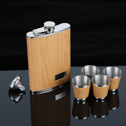 Stainless steel wood grain hip flask set