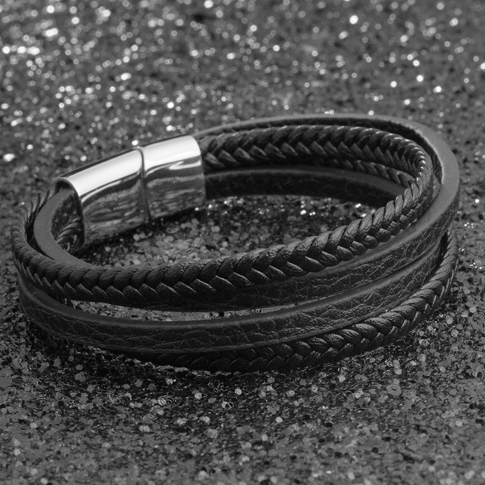 Men's Stainless Steel & Braided Genuine Leather Bracelets - Magnetic Clasp