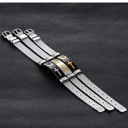 Men's Adjustable Bracelet 3D Cross Stainless Steel Mesh Chain Bracelet/Bangle