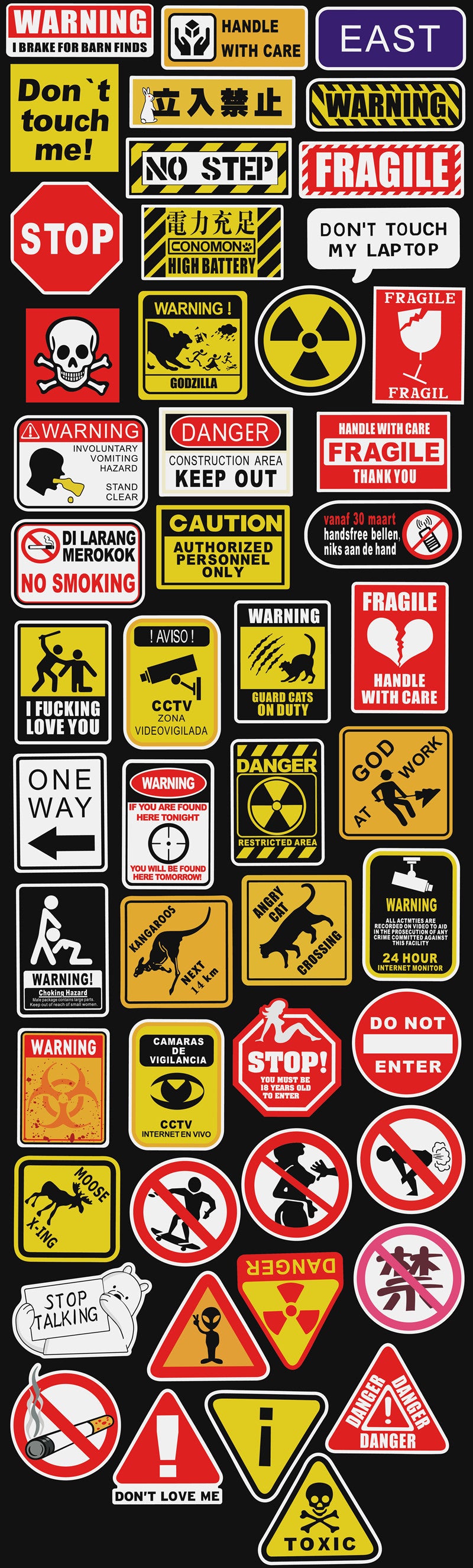 50 Warning Warning Signs Spoof Graffiti Rod Box Bumper Stickers Removable