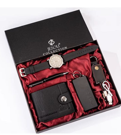 Men's Boutique Gift Set Wallet & Power Bank & Keychain & Large Dial Quartz Watch &  Pen