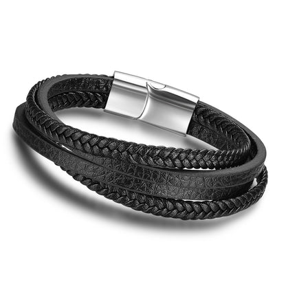 Men's Stainless Steel & Braided Genuine Leather Bracelets - Magnetic Clasp