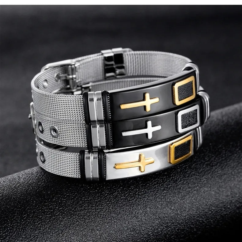 Men's Adjustable Bracelet 3D Cross Stainless Steel Mesh Chain Bracelet/Bangle