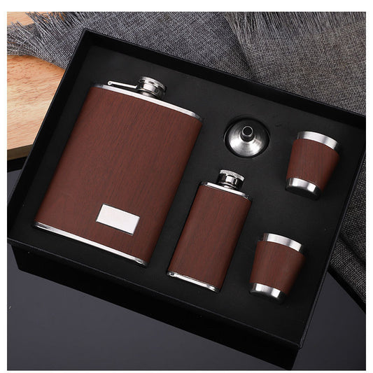 Stainless Steel Hip Flask With Wood Grain Leather Effect Set