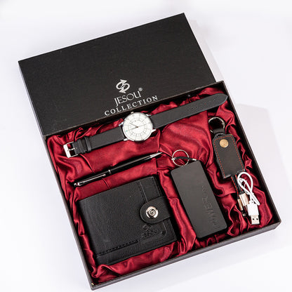 Men's Boutique Gift Set Wallet & Power Bank & Keychain & Large Dial Quartz Watch &  Pen