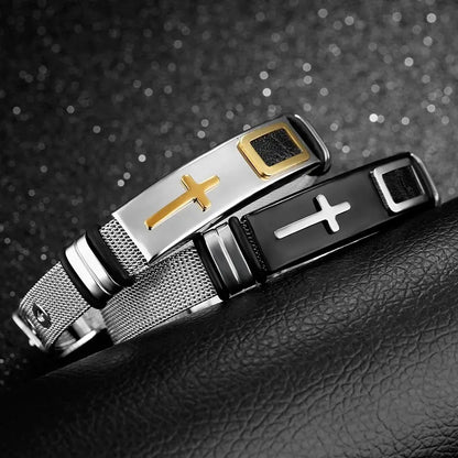 Men's Adjustable Bracelet 3D Cross Stainless Steel Mesh Chain Bracelet/Bangle