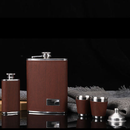 Stainless Steel Hip Flask With Wood Grain Leather Effect Set